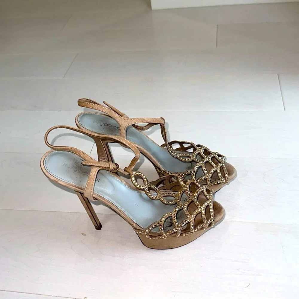 Sergio Rossi Beige Suede Rhinestone Embellished Platform Stiletto Sandals